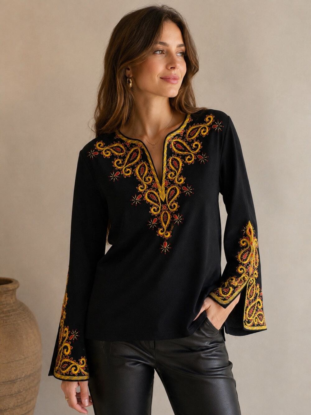 Bob Mackie Wearable Art S Black Embroidered Paisley Tunic Top Bell Sleeve Boho